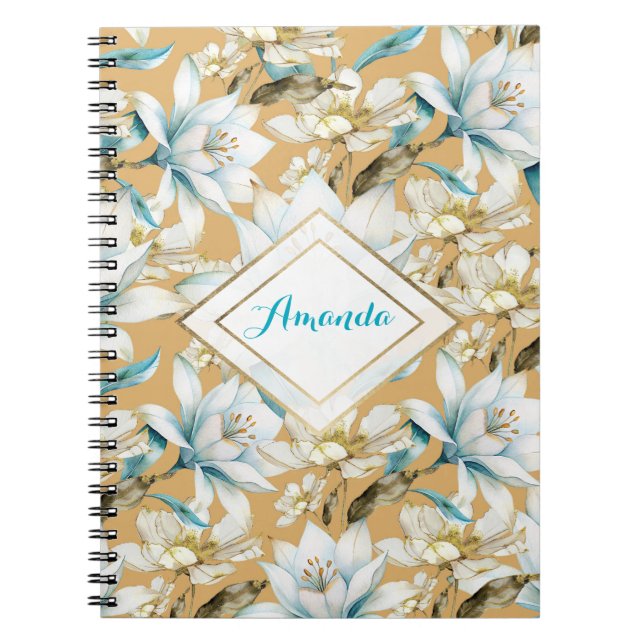 Botanical watercolor blue white gold lily floral notebook (Front)
