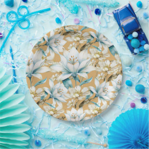 Botanical watercolor blue white gold lily floral paper plates