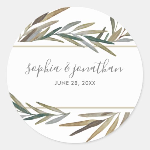 Botanical Watercolor Bride Groom Name Wedding Classic Round Sticker