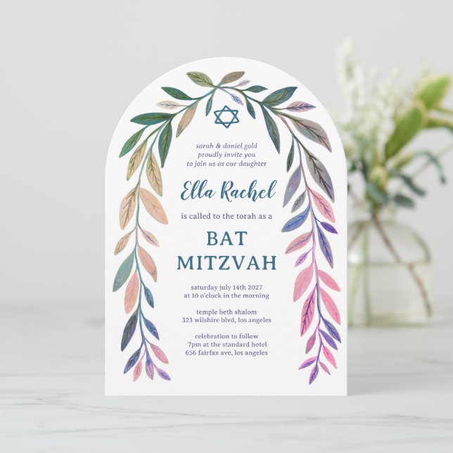 Botanical Watercolor CUSTOM Bar Bat Mitzvah Arch Invitation (Standing Front)