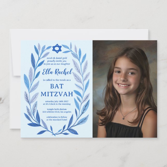 Botanical Watercolor CUSTOM PHOTO Bat Bar Mitzvah Invitation (Front)