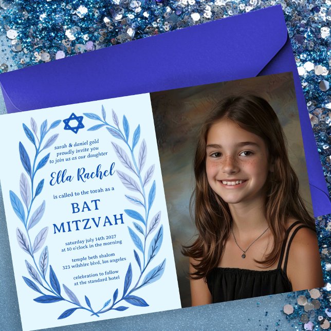 Botanical Watercolor CUSTOM PHOTO Bat Bar Mitzvah Invitation (Botanical Watercolor CUSTOM PHOTO Bat Bar Mitzvah Invitation
)