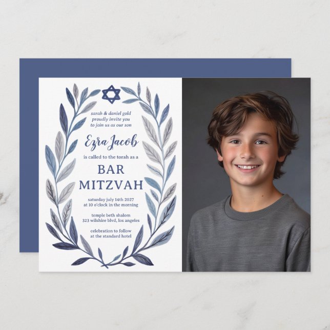 Botanical Watercolor CUSTOM PHOTO Bat Bar Mitzvah Invitation (Front/Back)