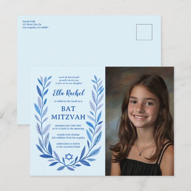 Botanical Watercolor CUSTOM PHOTO Bat Bar Mitzvah Postcard (Front/Back)
