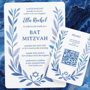 Botanical Watercolor CUSTOM QR Bar Bat Mitzvah Enclosure Card