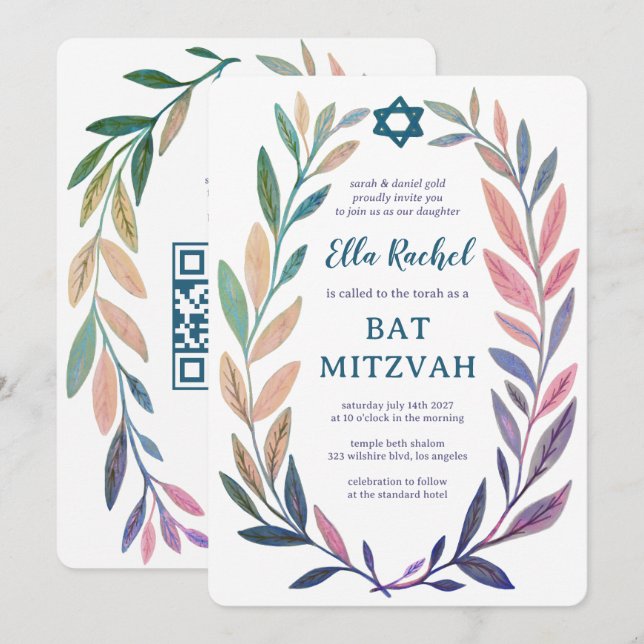 Botanical Watercolor CUSTOM QR Bar Bat Mitzvah Invitation (Front/Back)