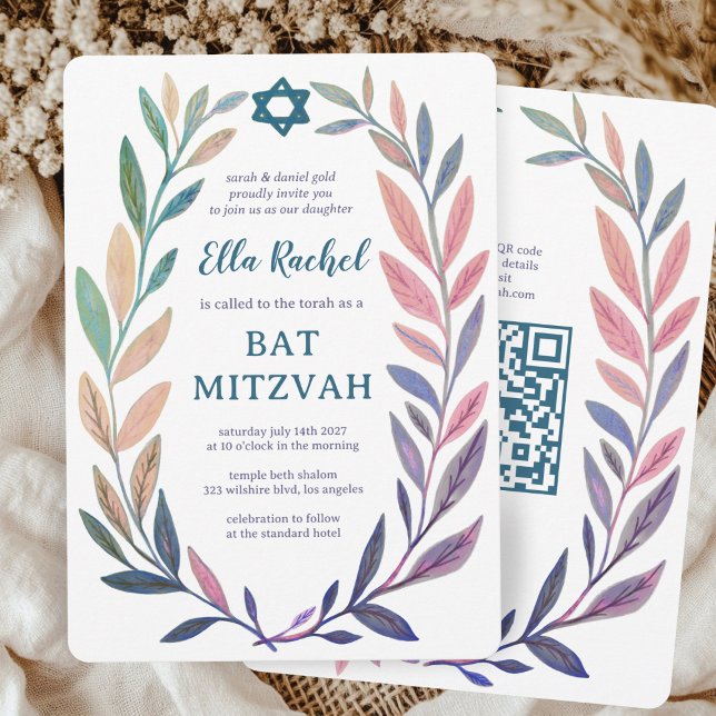 Botanical Watercolor CUSTOM QR Bar Bat Mitzvah Invitation (Botanical Watercolor CUSTOM QR Bar Bat Mitzvah Invitation
)