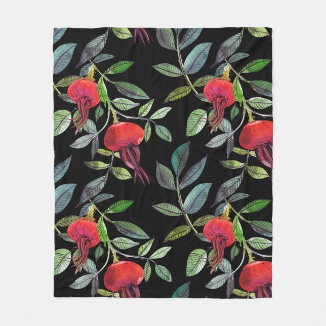 Botanical watercolor drawing dogrose pattern. Brig Fleece Blanket (Front)