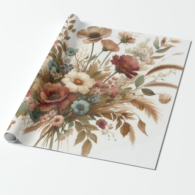 Botanical Watercolor Elegant Autumn Florals  Wrapping Paper (Unrolled)