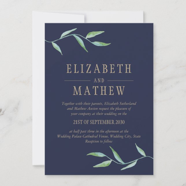Botanical Watercolor Elegant Navy Gold Wedding Invitation (Front)