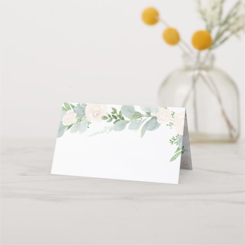 Botanical Watercolor Eucalyptus and White Flowers Place Card
