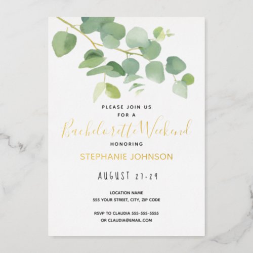 Botanical Watercolor Eucalyptus Bachelorette   Foil Invitation