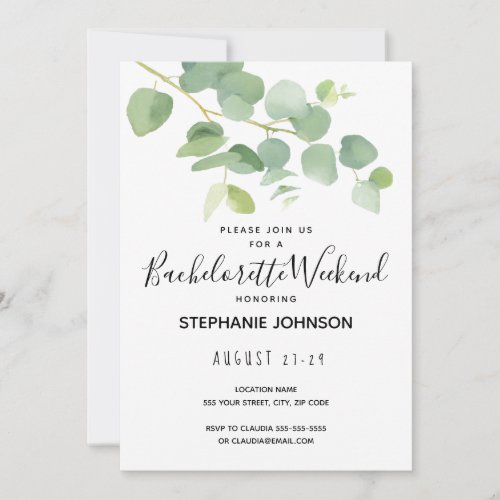 Botanical Watercolor Eucalyptus Bachelorette   Invitation