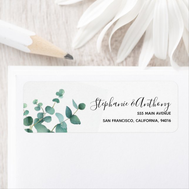 Botanical Watercolor Eucalyptus Branch Wedding Label (Insitu)