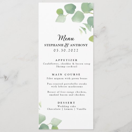 Botanical Watercolor Eucalyptus Leaves Wedding   Menu