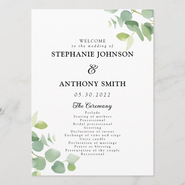 Botanical Watercolor Eucalyptus Leaves Wedding Program (Front)