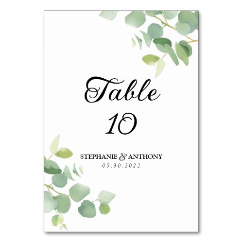 Botanical Watercolor Eucalyptus Leaves Wedding  Table Number