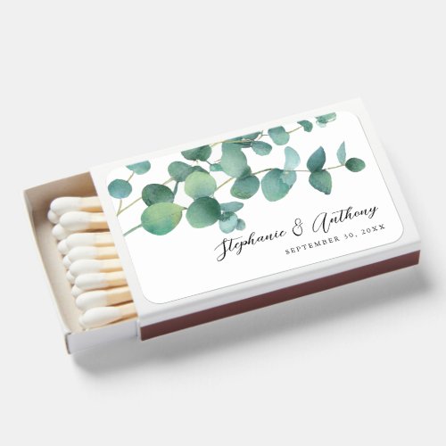 Botanical Watercolor Eucalyptus Wedding Matchboxes