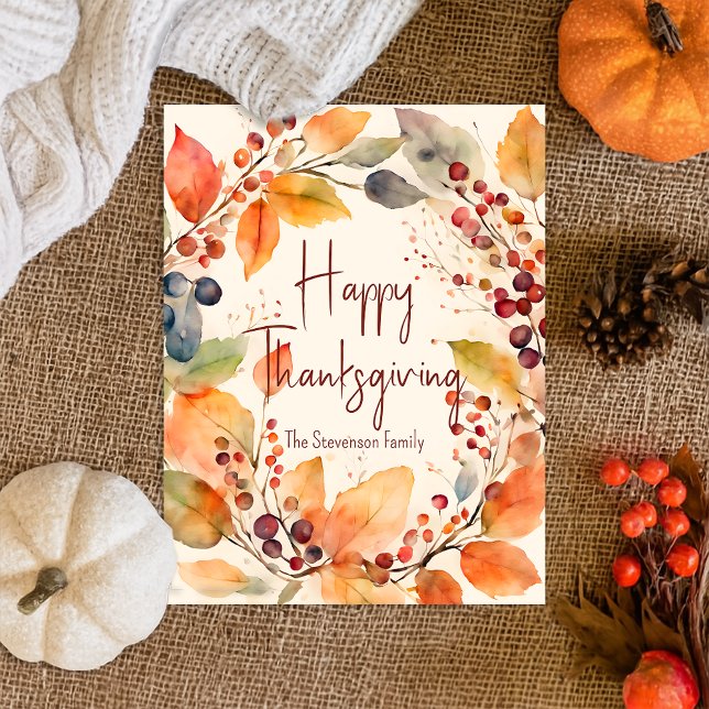 Botanical Watercolor Fall Wreath Thanksgiving Postcard (Creator Uploaded)