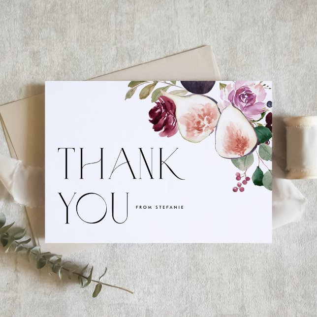 Botanical Watercolor Figs and Burgundy Flowers Thank You Card (Botanical thank you card featuring watercolor figs, berries and burgundy flowers. For fall events.)