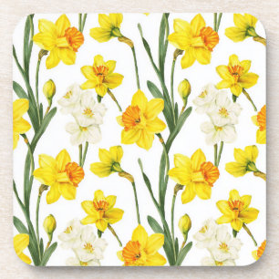 Botanical Watercolor Floral Daffodil Yellow White Beverage Coaster