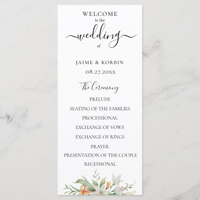 Botanical Watercolor Floral Lily Wedding Program (Front)