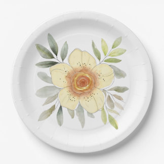 Botanical Watercolor Flower Painting With Foliage Paper Plates