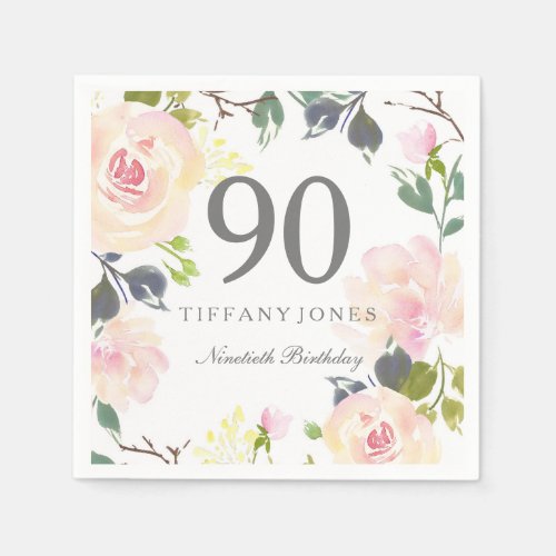 Botanical Watercolor Flowers 90th Birthday Party Napkins