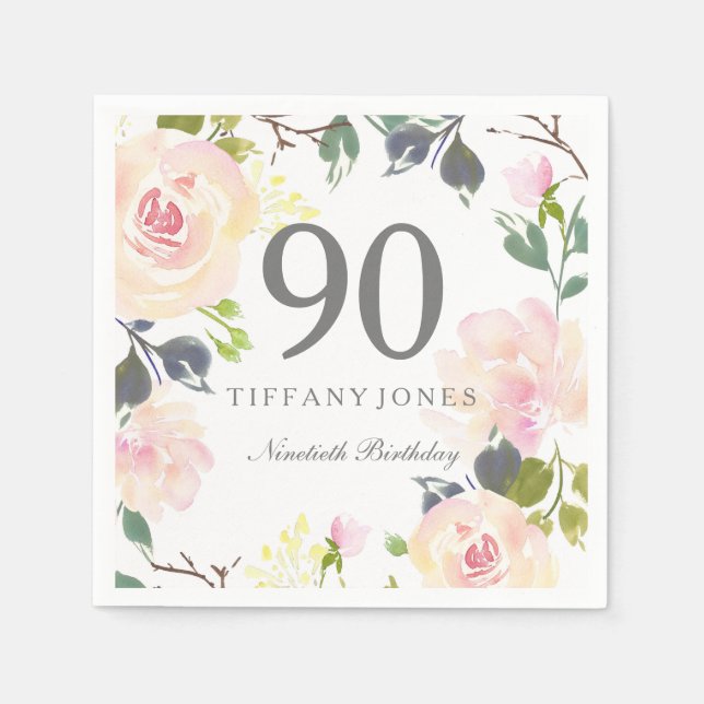 Botanical Watercolor Flowers 90th Birthday Party Napkins (Front)