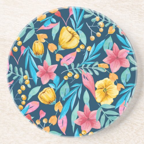 Botanical watercolor flowers leaves ornament coaster