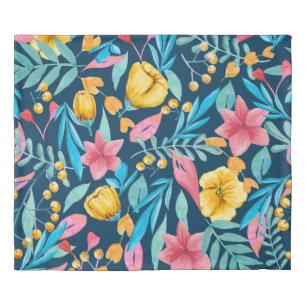 Botanical watercolor: flowers, leaves ornament. duvet cover