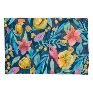 Botanical watercolor: flowers, leaves ornament. pillow case