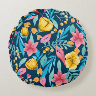 Botanical watercolor: flowers, leaves ornament. round pillow