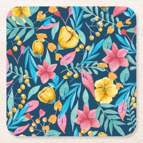 Botanical watercolor flowers leaves ornament square paper coaster