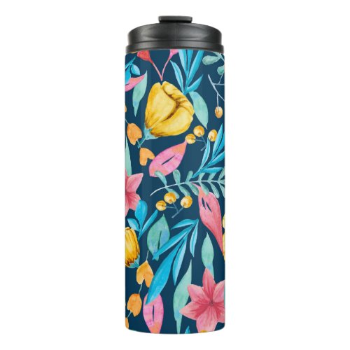 Botanical watercolor flowers leaves ornament thermal tumbler