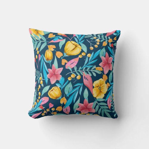 Botanical watercolor flowers leaves ornament throw pillow