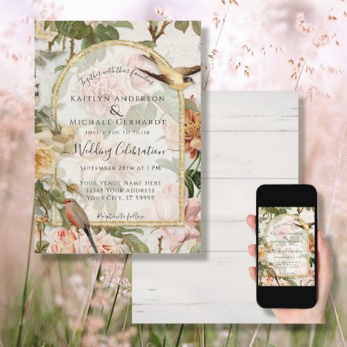 Botanical Watercolor Flowers n Birds Gold Wedding Invitation