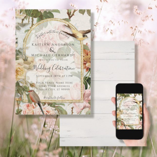 Botanical Watercolor Flowers n Birds Gold Wedding Invitation (Creator Uploaded)