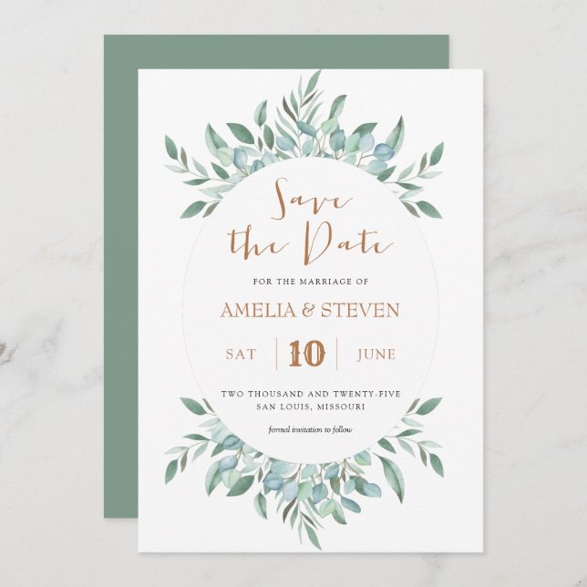 Botanical watercolor foliage save the date card (Front/Back)