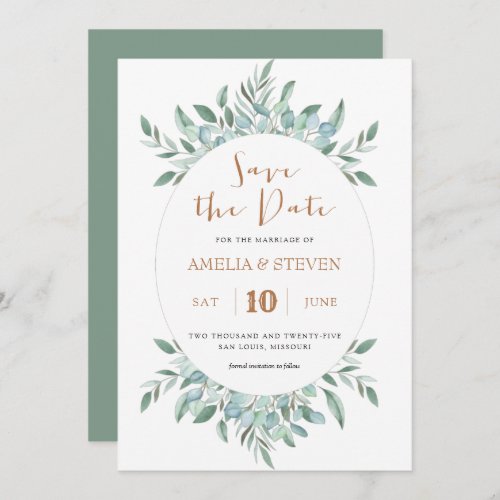 Botanical watercolor foliage save the date card