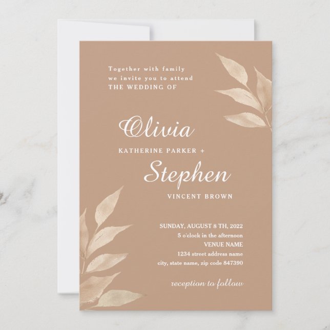 Botanical watercolor foliage taupe wedding invitation (Front)
