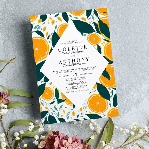 Botanical watercolor fresh oranges fruit Wedding Invitation