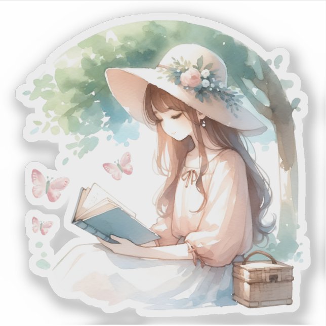 Botanical Watercolor Girl Reading Book Lover Sticker (Front)