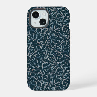Botanical watercolor gray blue leaves on dark blue iPhone 15 case