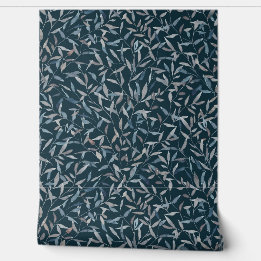 Botanical watercolor gray blue leaves on dark blue wallpaper