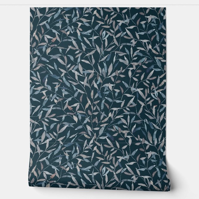 Botanical watercolor gray blue leaves on dark blue wallpaper  (Unrolling)