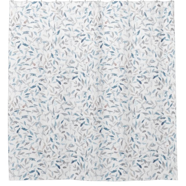 Botanical watercolor gray blue leaves on white shower curtain (Front)