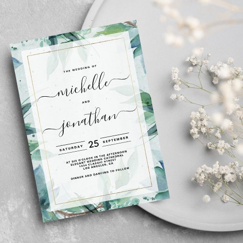 Botanical watercolor green blue greenery Wedding Invitation