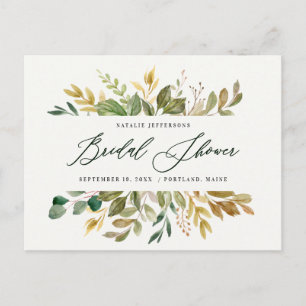 Botanical watercolor green gold bridal shower postcard