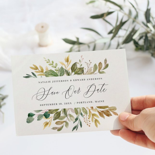 Botanical watercolor green gold fall modern script postcard (Creator Uploaded)